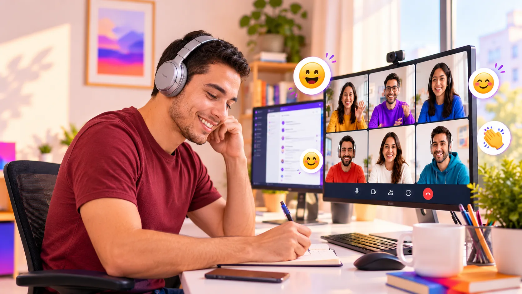Alumno con audífonos tomando notas en una clase de inglés en vivo por videollamada con seis compañeros en pantalla
