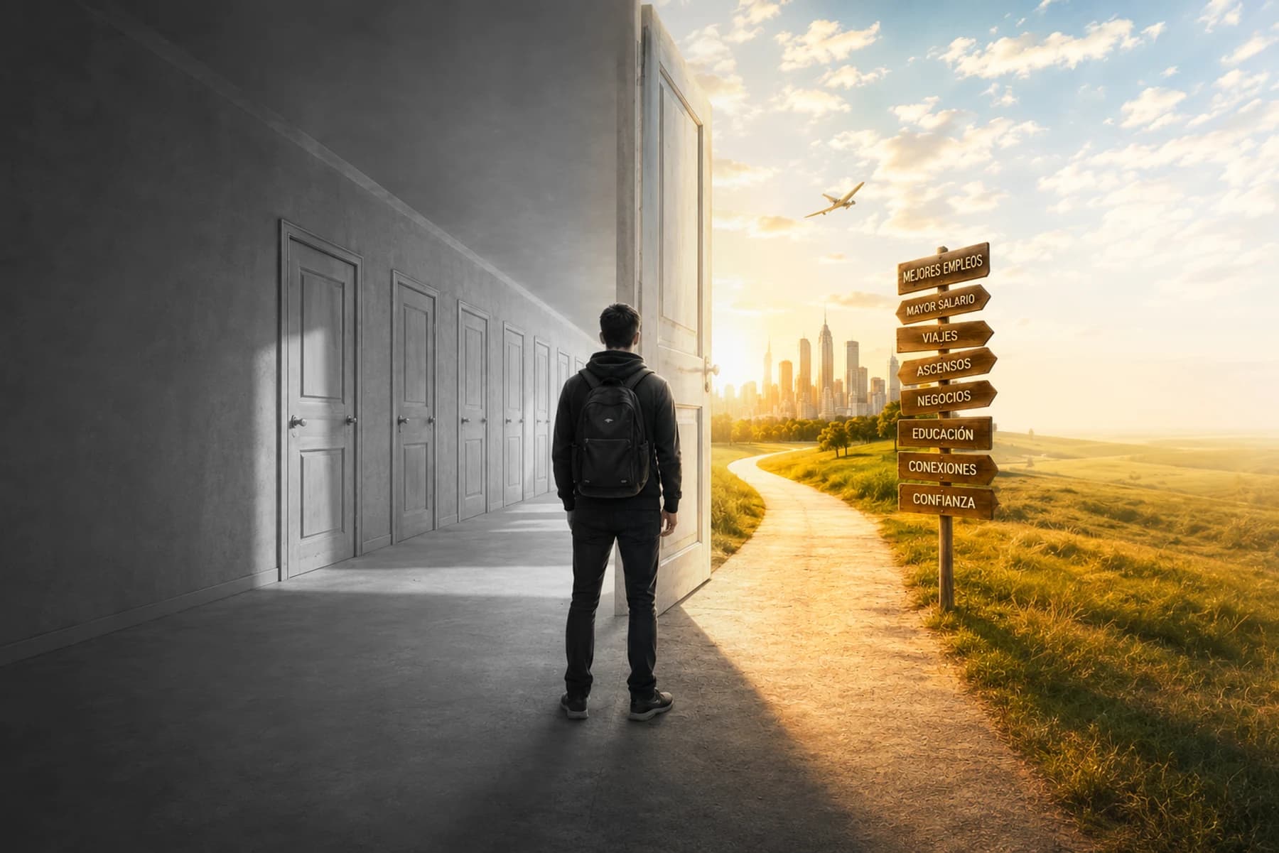 Un joven frente a una puerta abierta: a un lado, en blanco y negro, un pasillo de puertas cerradas; al otro, a color, un camino dorado con un letrero que señala mejores empleos, mayor salario, viajes, ascensos, educación y confianza, hacia el perfil de una ciudad