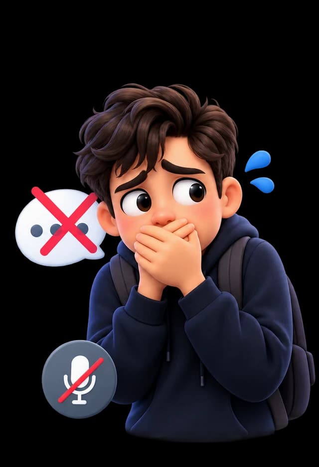 Ilustración de un estudiante con la boca tapada y el micrófono silenciado, sin poder hablar en inglés