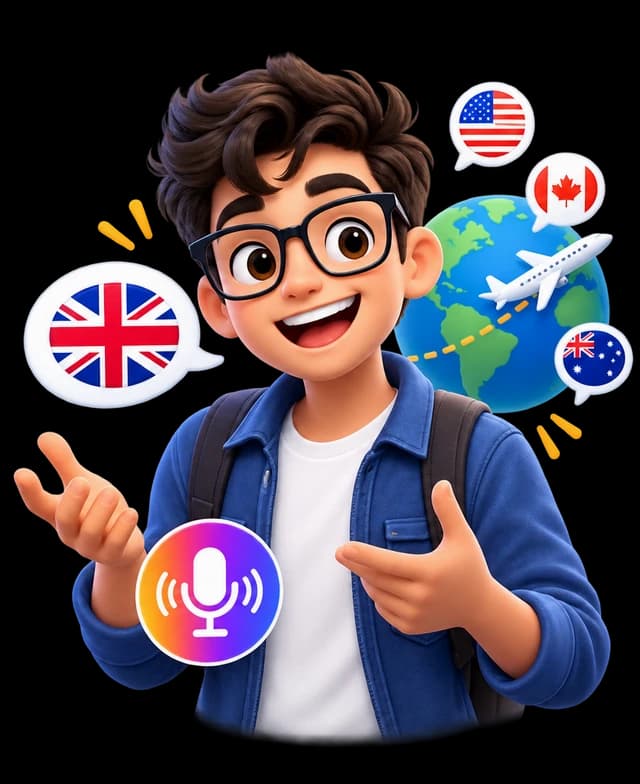 Ilustración del mismo estudiante sonriendo con el micrófono activo, rodeado de banderas de países de habla inglesa y un avión