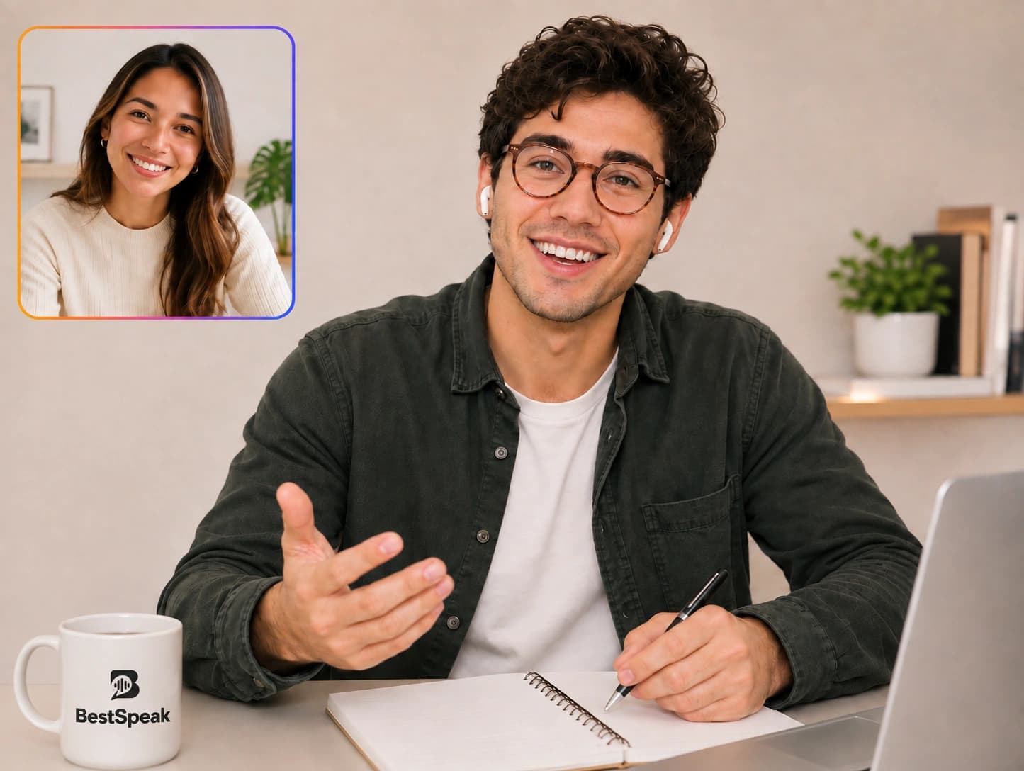 Profesor de inglés dando una clase en vivo por videollamada a una alumna