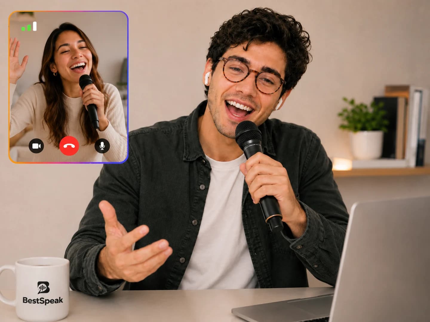 Alumno cantando en inglés en una sesión de karaoke con la letra en pantalla