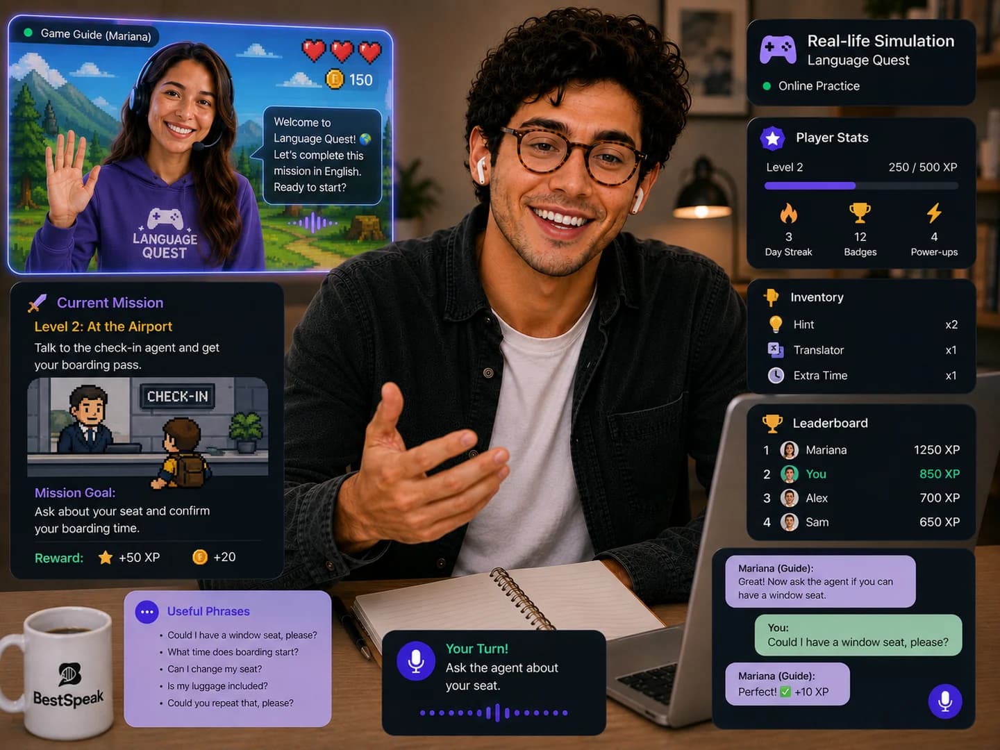 Alumno completando misiones de un videojuego en inglés con niveles, puntos y ranking
