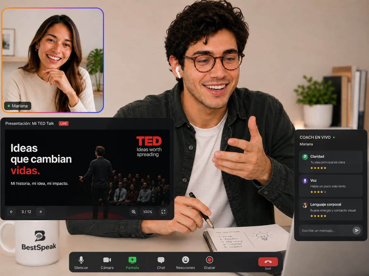 Alumno dando una charla en inglés con sus diapositivas y una coach puntuando su claridad y su voz en directo