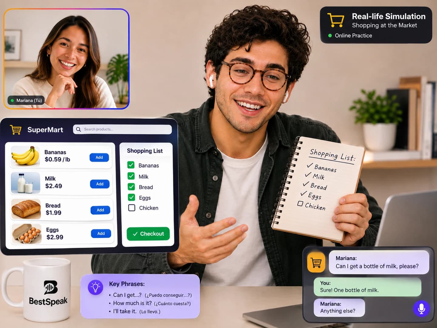 Alumno practicando inglés en una simulación de compra en el supermercado con lista de la compra