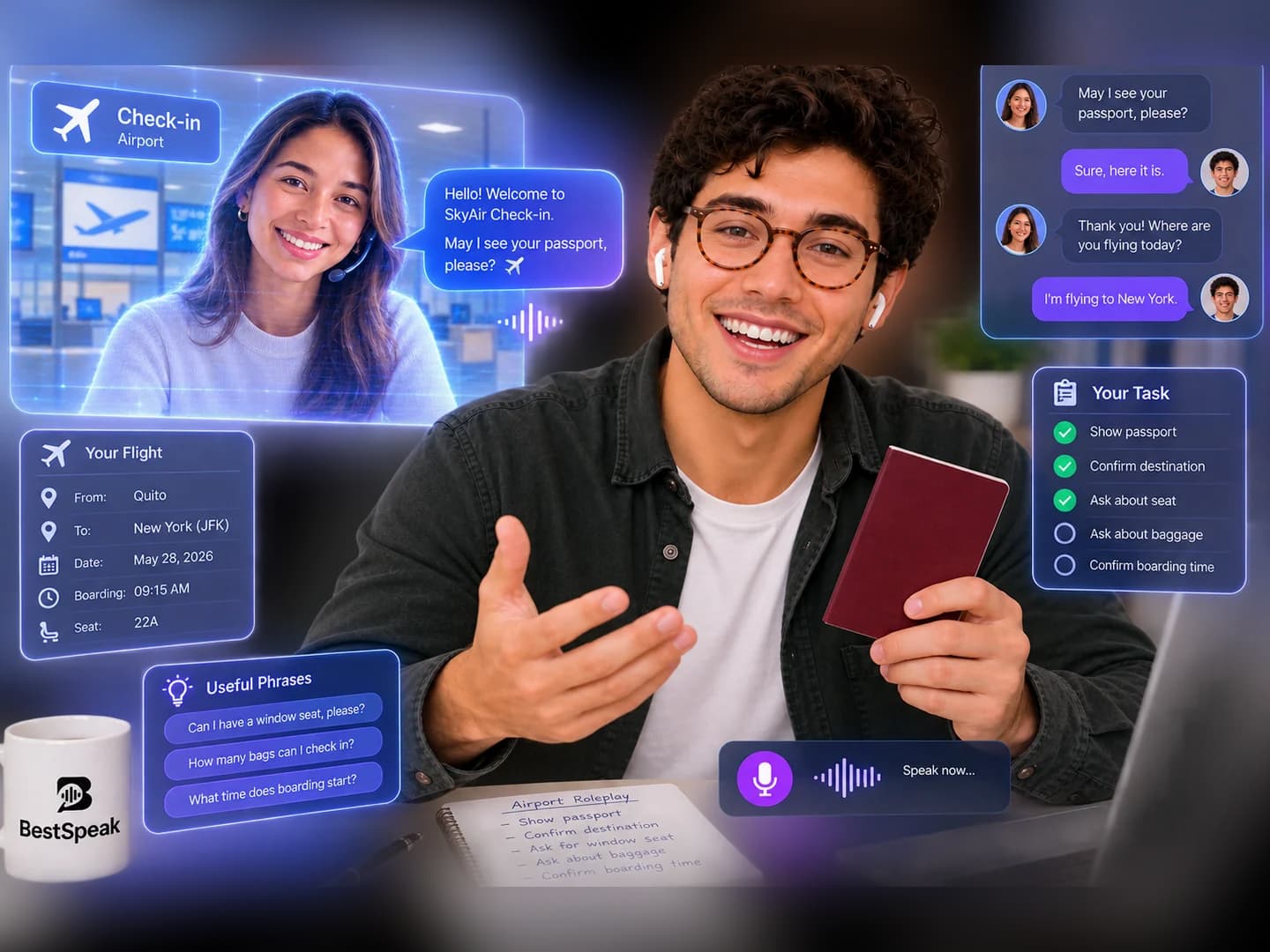 Alumno practicando inglés en una simulación de facturación en el aeropuerto, con su pasaporte y su tarjeta de embarque