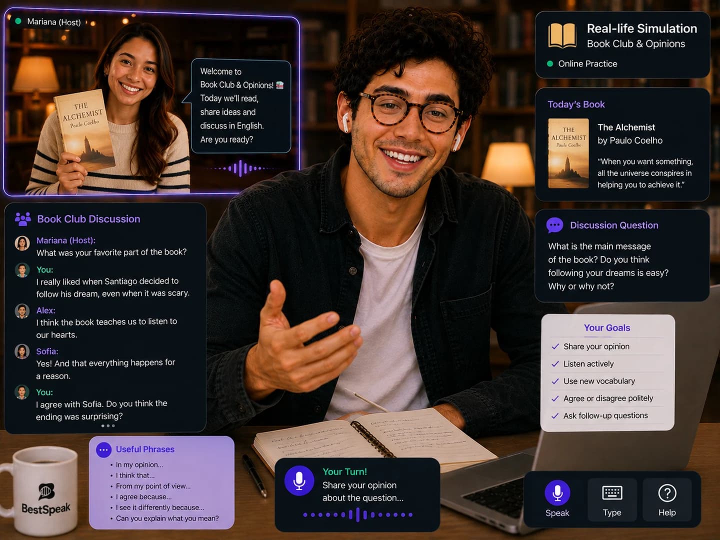 Alumno participando en un club de lectura en inglés, comentando un libro con otros estudiantes