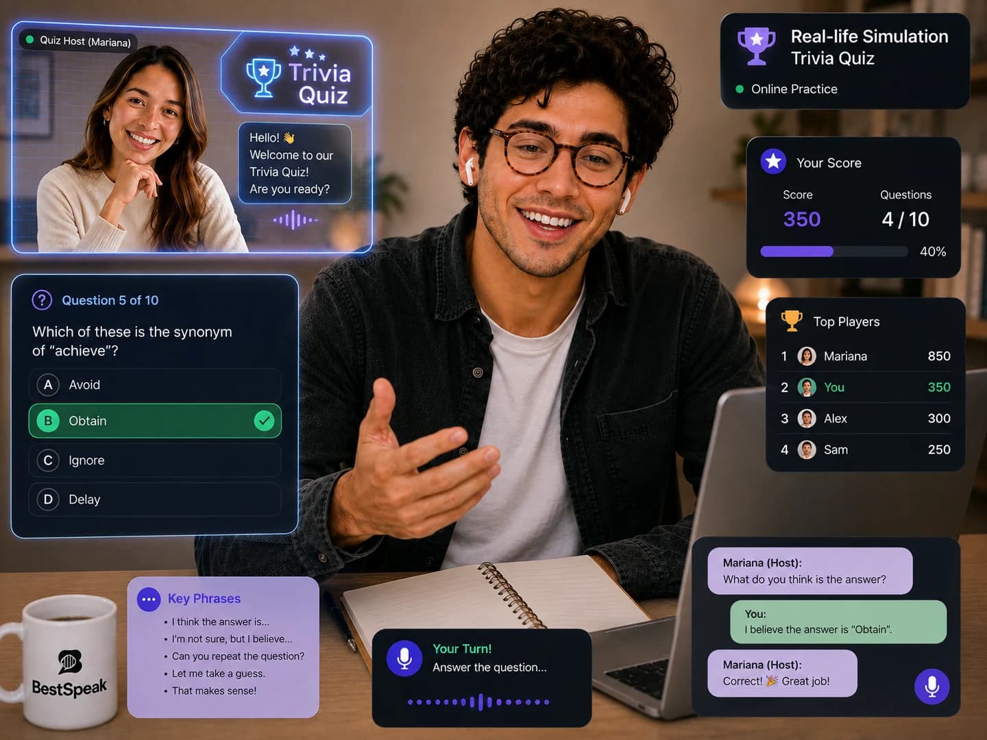 Alumno jugando a un concurso de preguntas en inglés con marcador y ranking en vivo