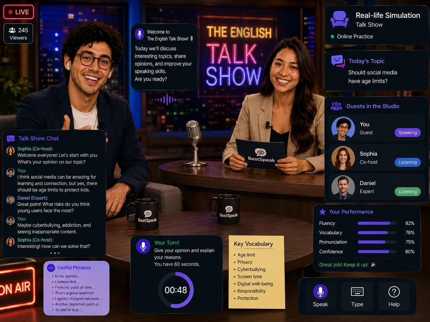 Alumno participando como invitado en un talk show en inglés, dando su opinión con cronómetro