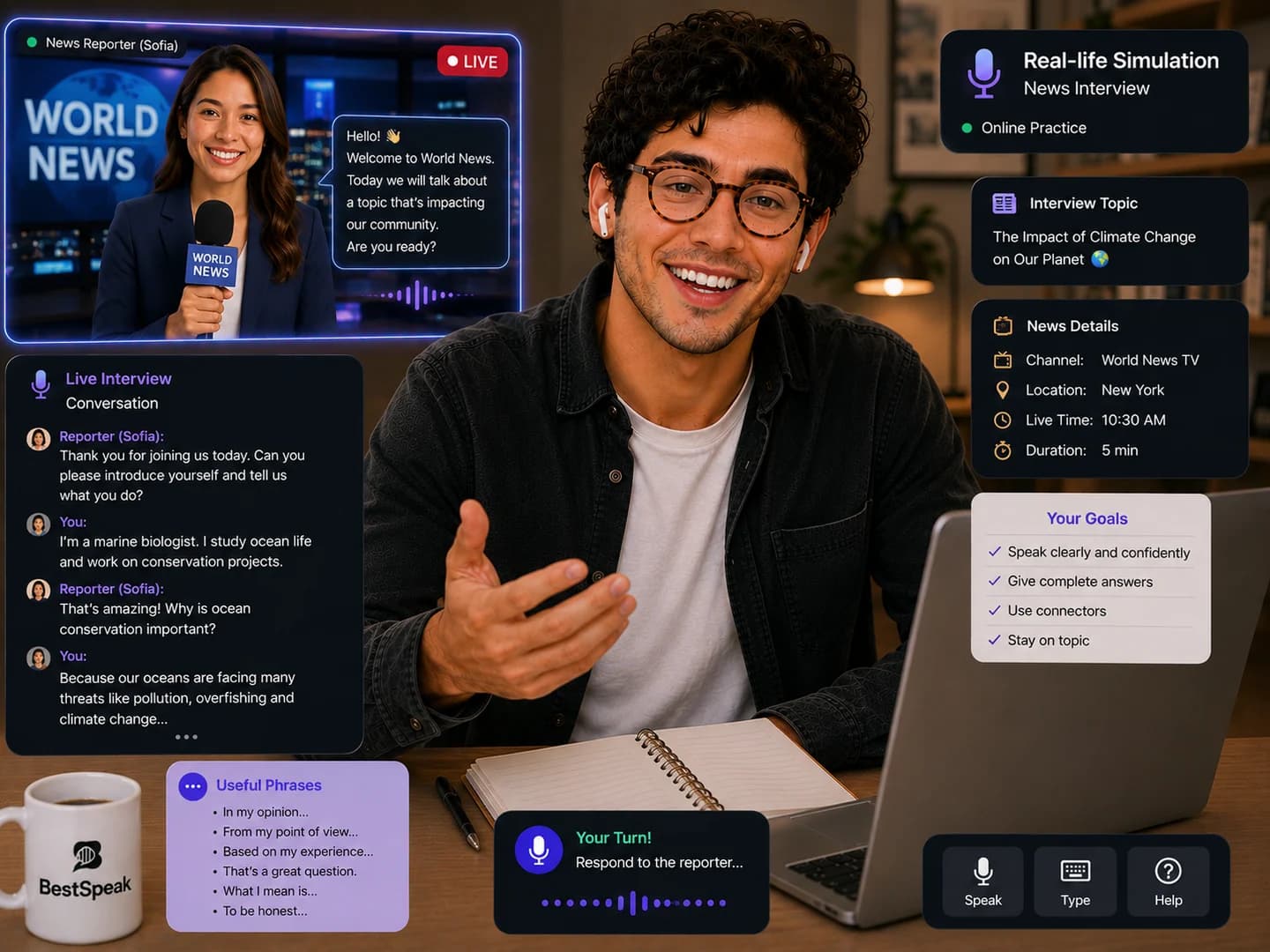 Alumno haciendo de reportero en inglés en una simulación de informativo de televisión