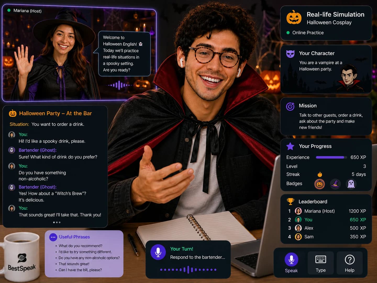 Alumno disfrazado practicando inglés en una simulación de fiesta de Halloween