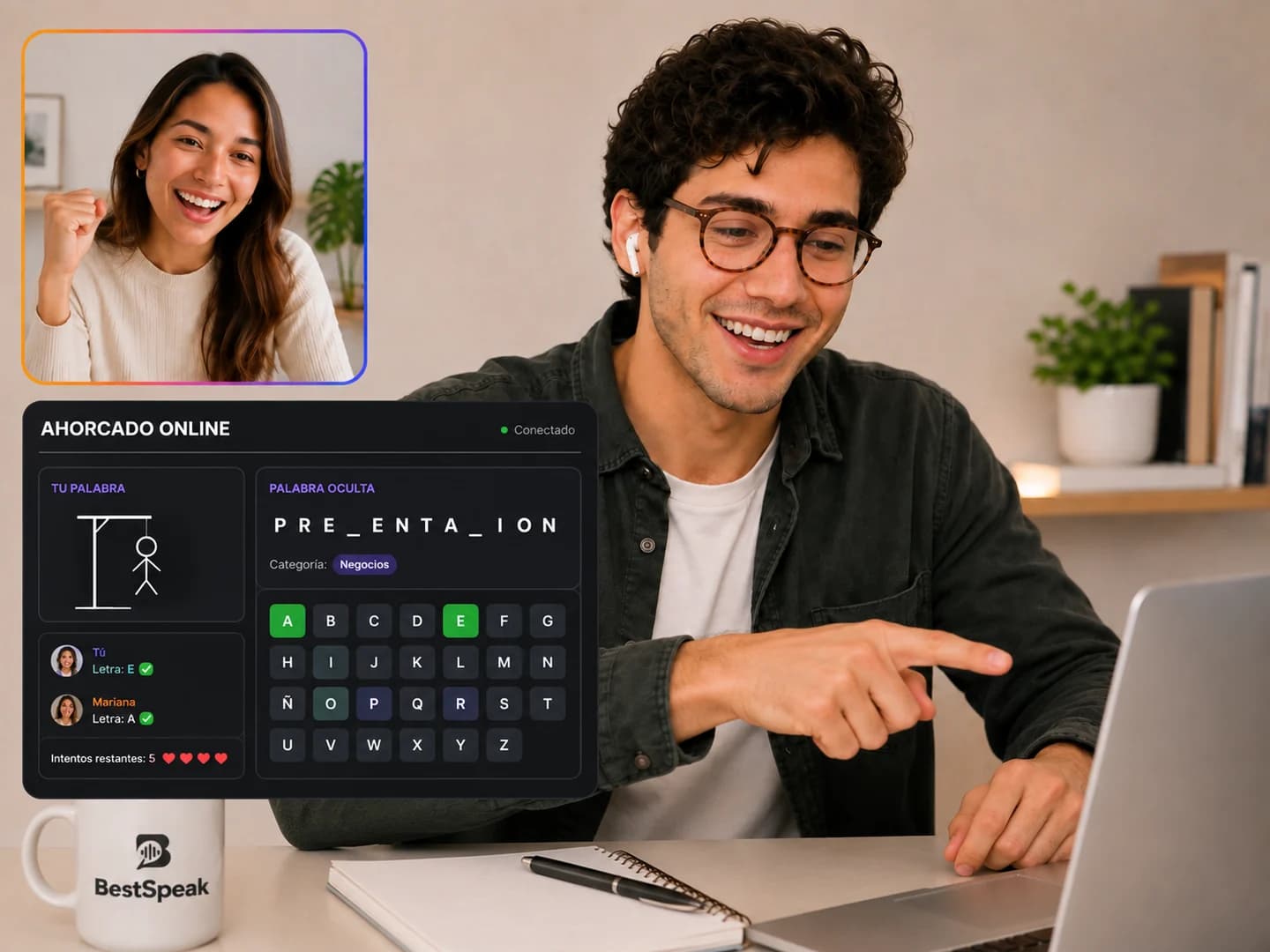 Alumno jugando al ahorcado en inglés por videollamada con su profesora