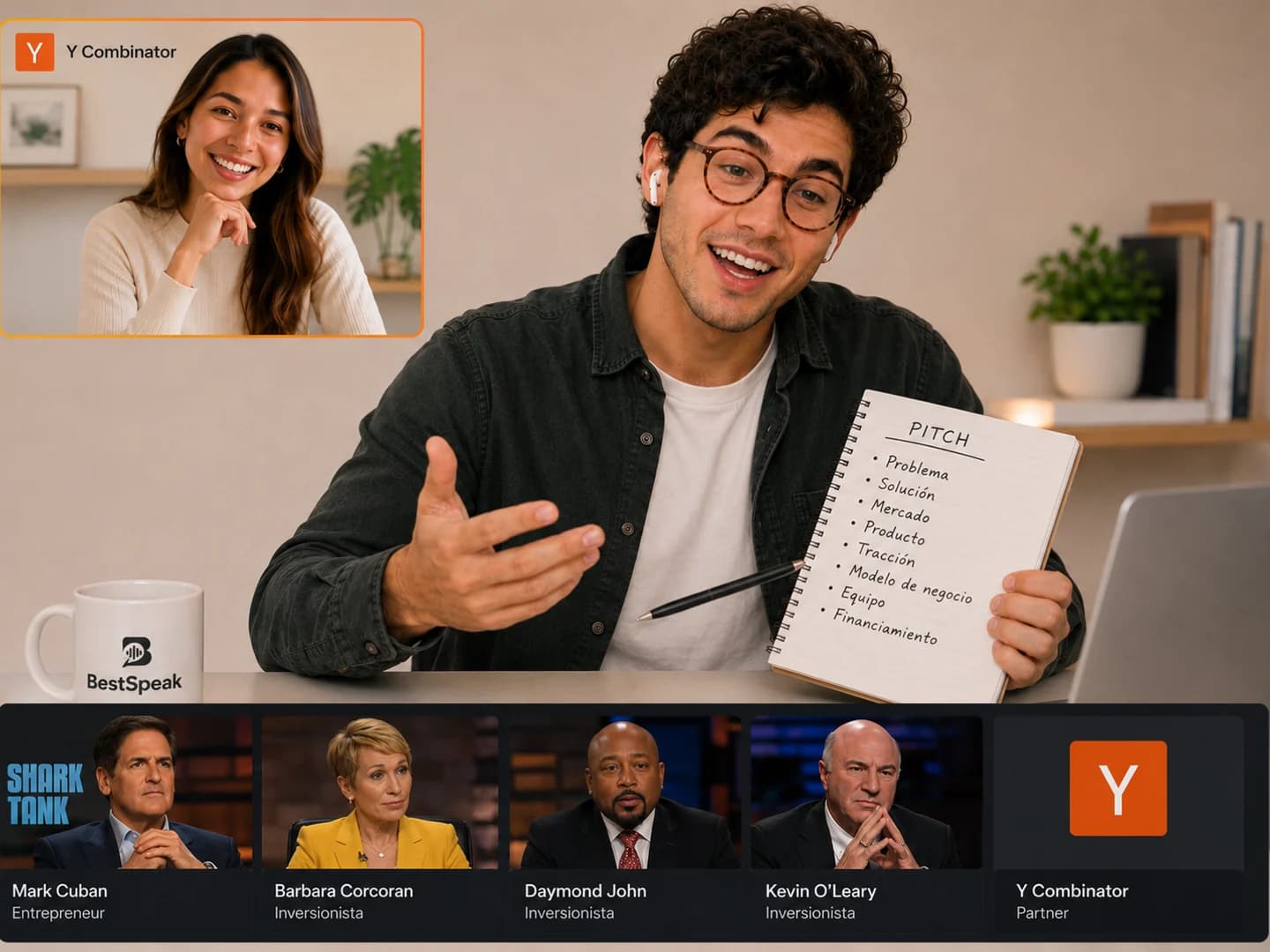 Alumno presentando su startup en inglés ante inversores, con el guion del pitch en la mano