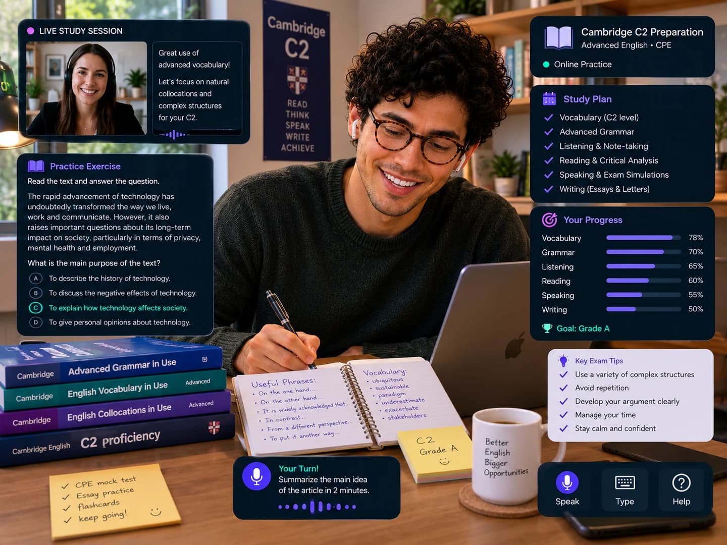 Alumno preparando un examen de Cambridge en vivo con una coach, con el material oficial sobre la mesa