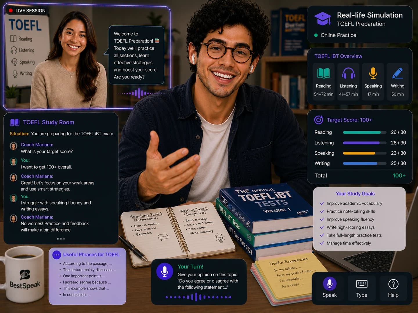 Alumno preparando el examen TOEFL iBT en vivo con una coach, repasando las cuatro secciones y su puntuación objetivo
