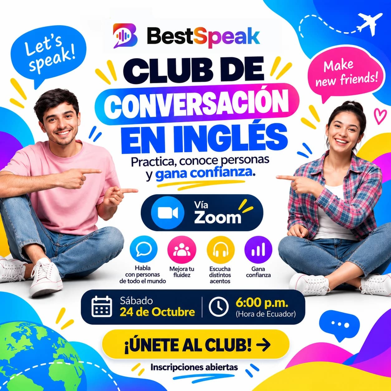 Póster del Club de conversación en inglés de BestSpeak: practica, conoce personas y gana confianza, en vivo y gratis